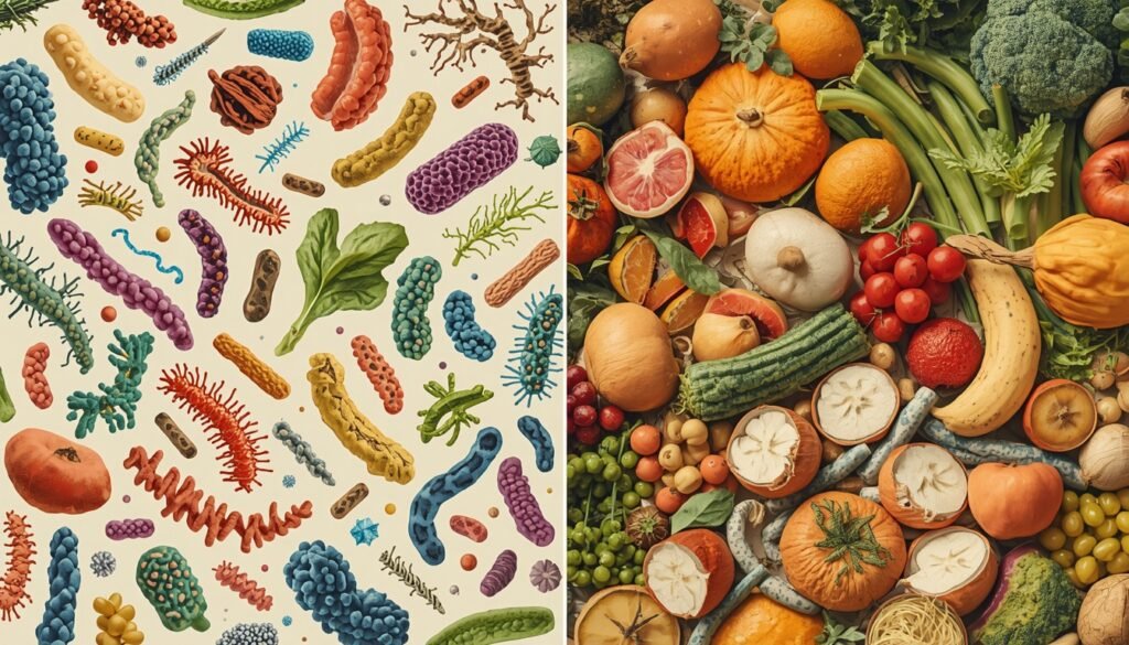 scientific illustration comparing gut microbiome diversity in whole food versus ultra-processed food dietultra-processed foods brain health, 2026