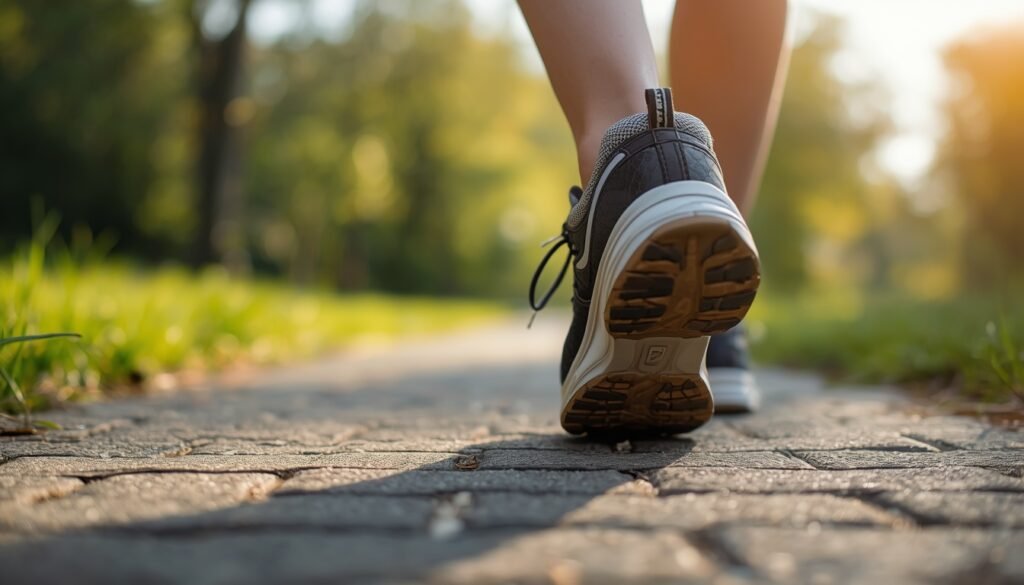 close-up of walking shoes on paved park path morning light daily walking habit benefits of walking