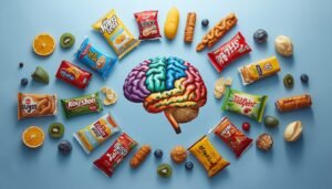 ultra-processed packaged snack foods surrounding brain illustration representing neurological impact of processed food consumption