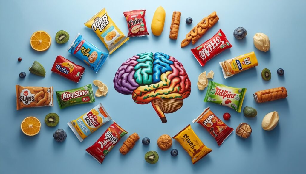 ultra-processed packaged snack foods surrounding brain illustration representing neurological impact of processed food consumption