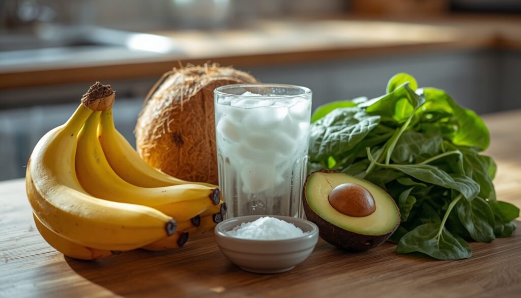 assortment of natural electrolyte sources including bananas coconut water, spinach, avocado and sea salt on kitchen surface