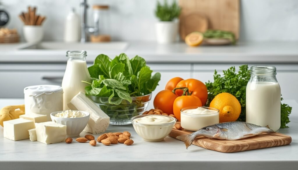 colorful spread of calcium- and vitamin D-rich foods for bone health nutrition focus Keyword: bone health after 40