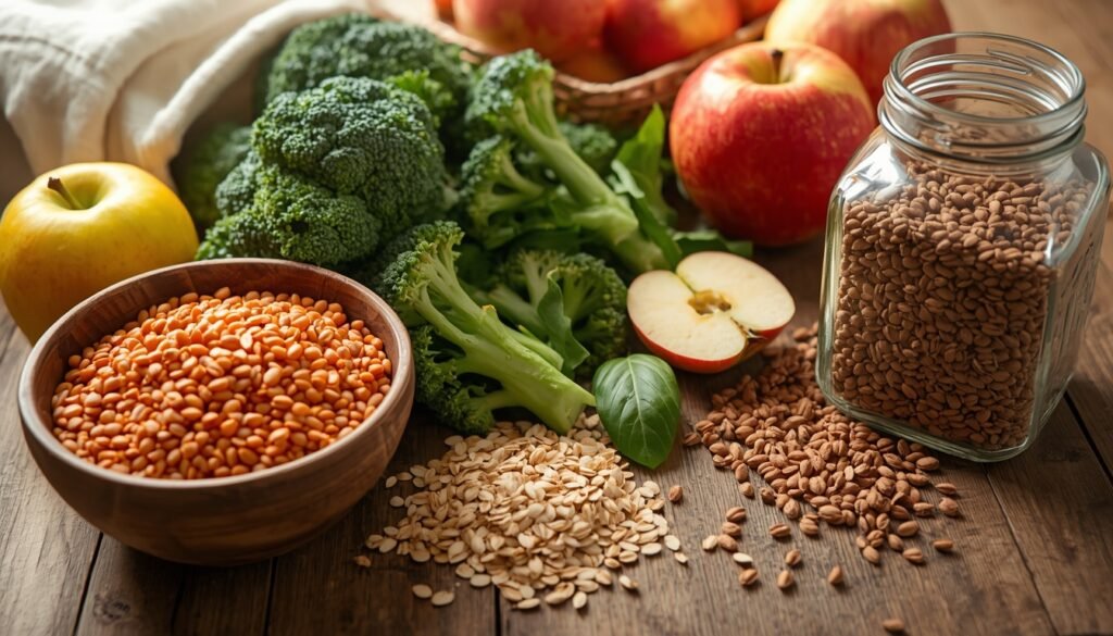 colorful assortment of fiber-rich whole foods including lentils, vegetables, oats, apples and flaxseeds, representing high-fiber nutrition