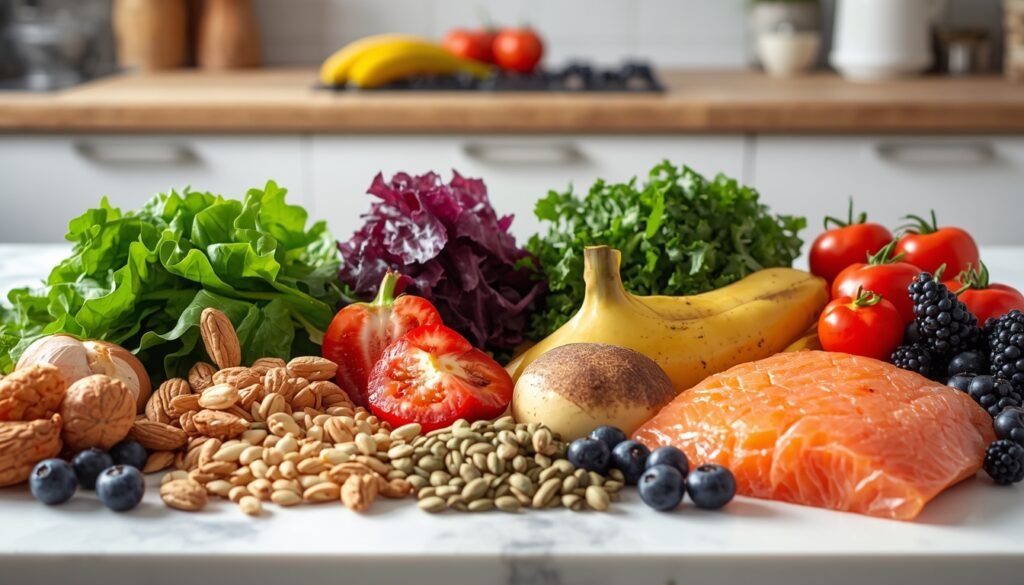 colorful nutrient-dense foods, including greens, nuts, seeds, berries and fish for mitochondrial health