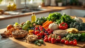 colorful whole foods, including vegetables, berries, olive oil, nuts, seeds and whole grains, representing food as medicine concept