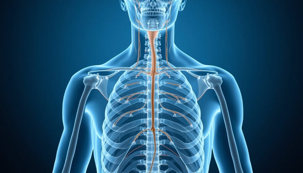 anatomical diagram showing vagus nerve pathway from brainstem through the neck, chest, and abdomen; vagus nerve activation benefits
