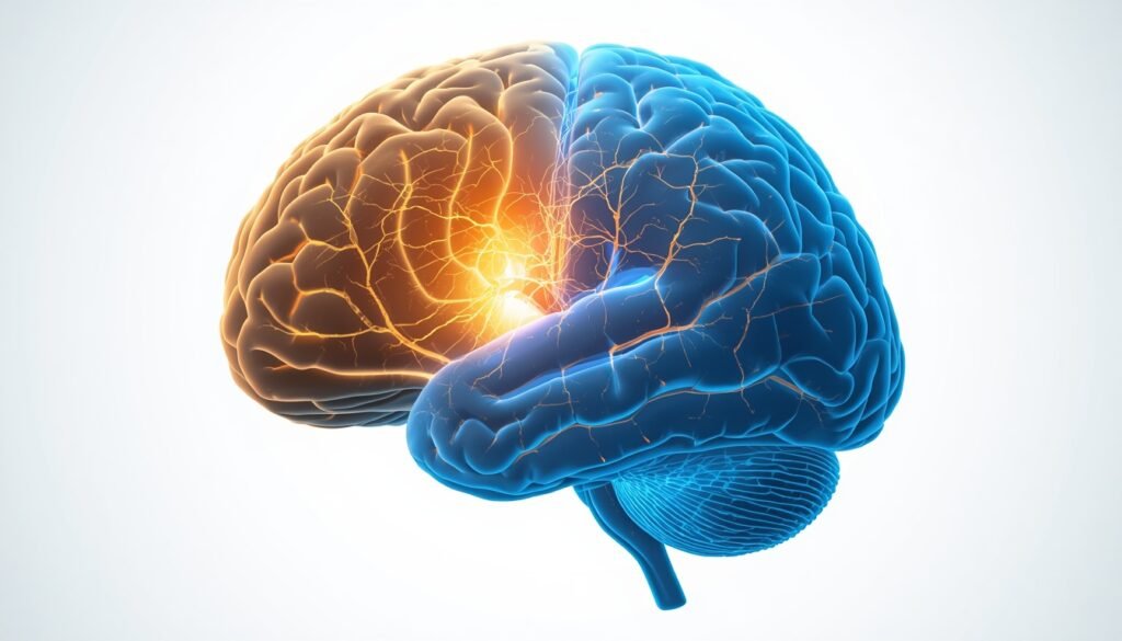 brain illustration showing the amygdala-prefrontal cortex connection, representing emotional regulation neuroscience and emotional fitness