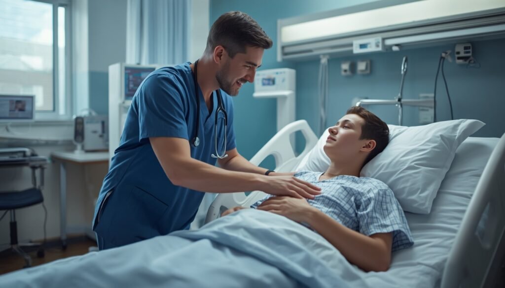 emergency room physician treating young adult cardiac patient representing heart attack care in young people: heart attacks in young people