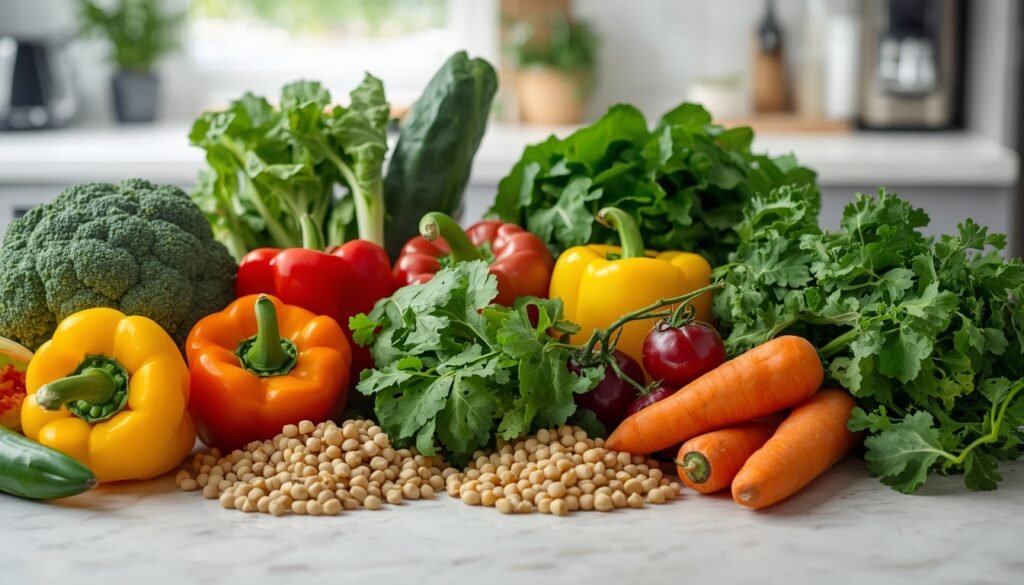 fresh vegetables and legumes arranged on kitchen counter representing fiber-rich whole foods and plant-based nutrition
