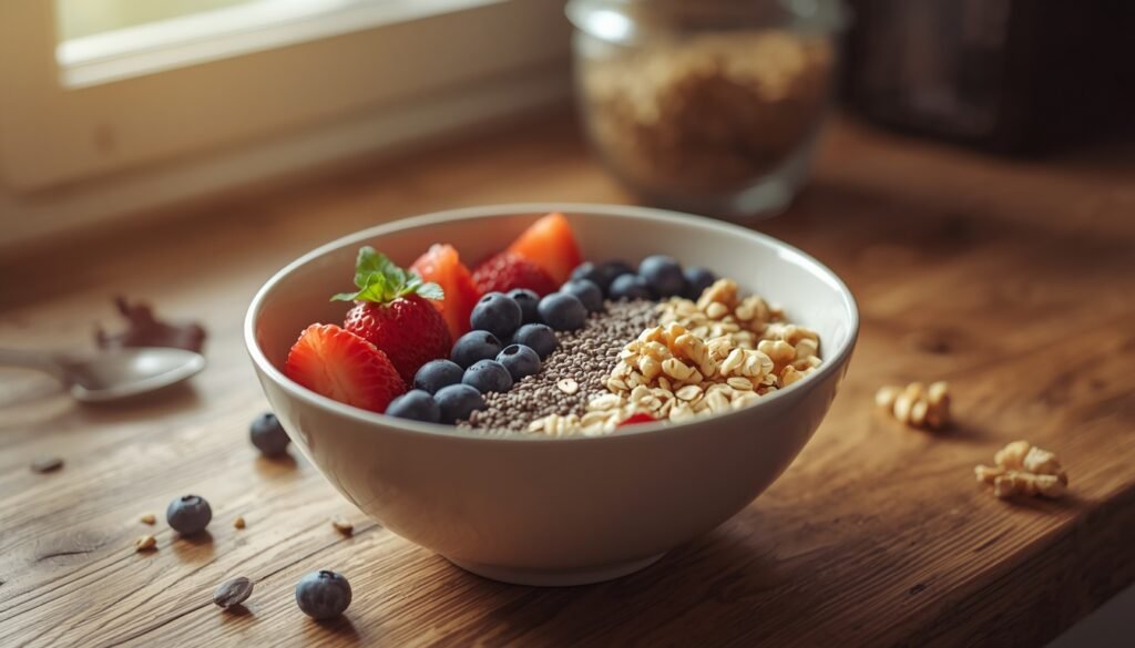 high-fiber breakfast bowl with oats, berries, chia seeds and walnuts, representing healthy fibre-rich meal fibre-maxxing