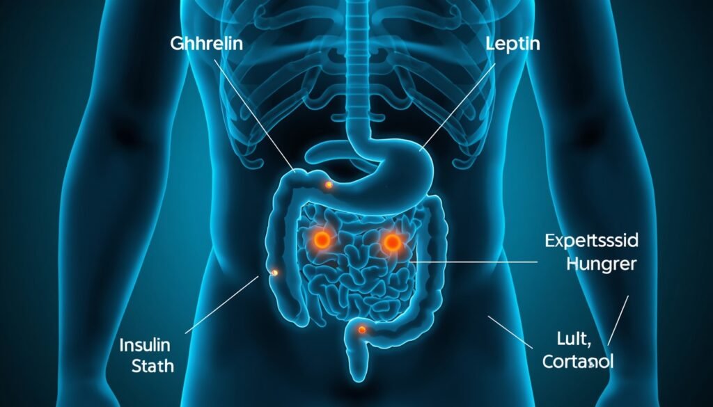 medical illustration showing hormonal weight regulation pathways, including ghrelin, leptin, insulin and cortisol for natural weight loss education. Natural weight loss guide
