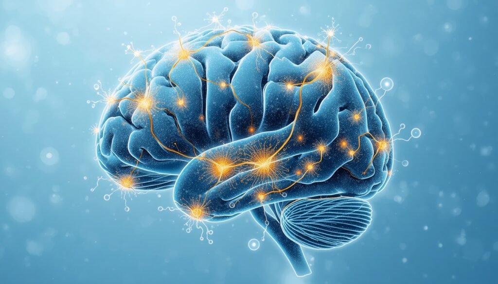 medical illustration of human brain with neural circuits and electrical activity representing brain stimulation therapy