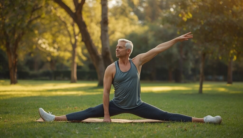 middle-aged adult stretching outdoors in morning sunlight, representing bone health after 40 and active ageing.