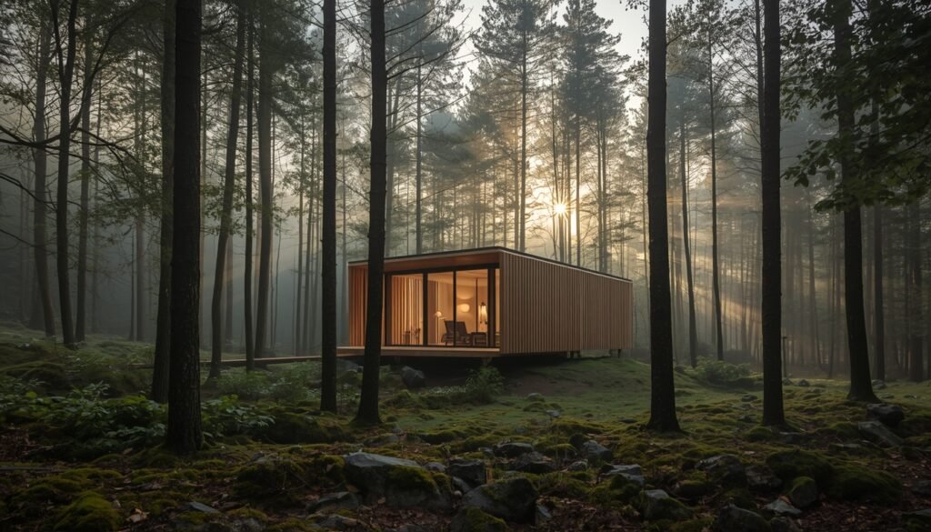 minimalist eco-lodge in forest with no visible technology representing hospitality design philosophy. Hospitality qualification 2026