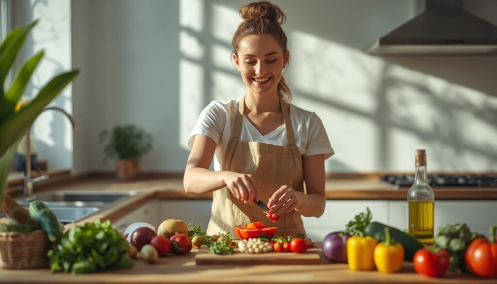 A person preparing a whole food meal with vegetables, legumes and olive oil in a modern kitchen. food as medicine: chronic disease prevention