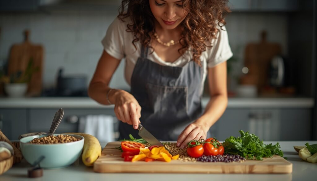 A person preparing a high-fibre meal with lentils, vegetables and whole grains in a modern home kitchen. fibermaxxing