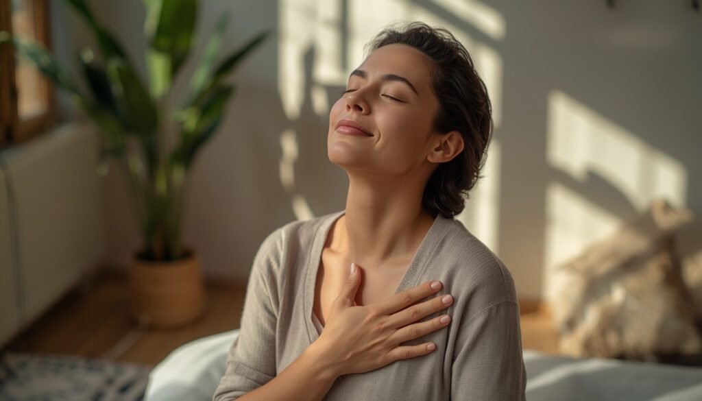 person sitting in sunlight with hand over heart representing emotional fitness self-awareness and inner strength in 2026