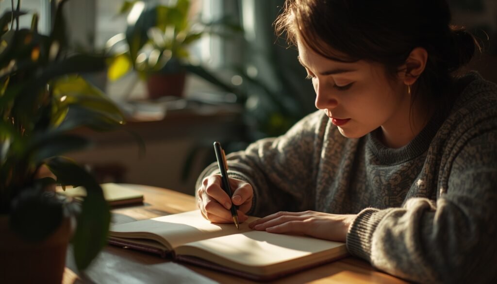 person writing in journal in warm natural light, representing expressive writing practice for emotional fitness and wellbeing. Emotional fitness 2026