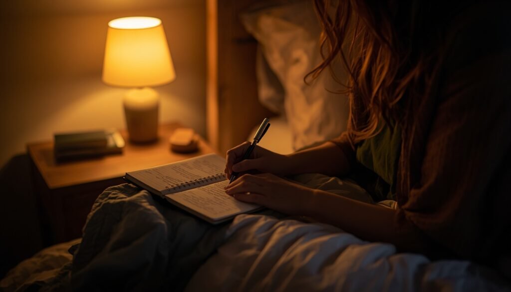 person writing in journal by warm lamplight, representing sleep tracking and self-monitoring practice why do I wake up at 3 AM every night
