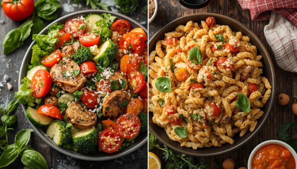 visual comparison of colorful Mediterranean whole food meal versus ultra-processed packaged convenience foods