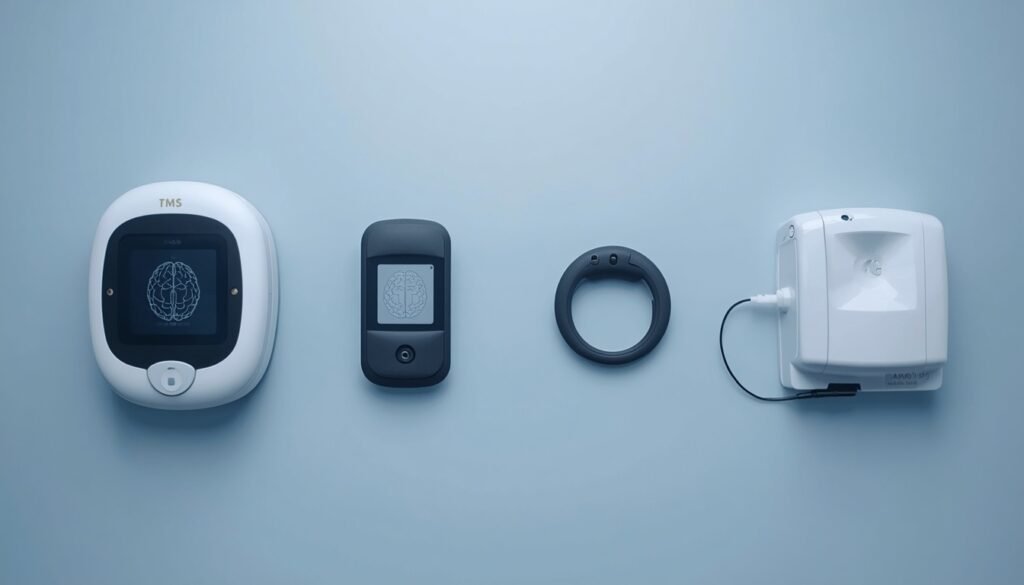 side-by-side comparison of brain stimulation devices, including TMS and wearable neurostimulators in clinical setting