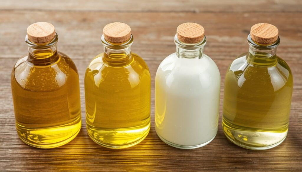 A side-by-side comparison of different cooking oils, including olive oil sunflower oil coconut oil and avocado oil for culinary education seed-oil debate cooking oils heart health