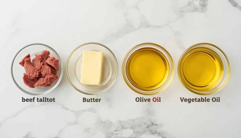 comparison of beef tallow, butter, olive oil and vegetable oil in glass bowls for fatty acid profile education