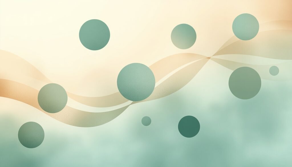 abstract interconnected circular elements in soft teal gold and green, representing six lifestyle pillars for natural weight loss