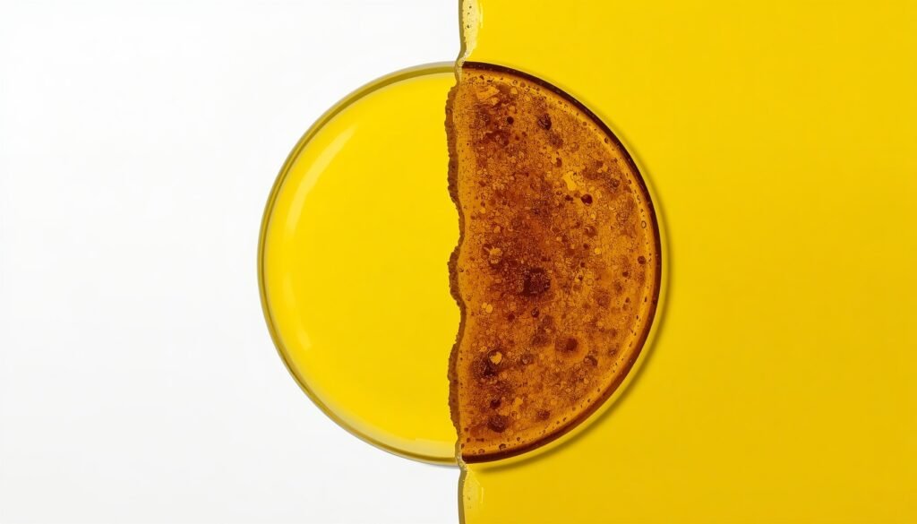 visual comparison of fresh cooking oil versus heated oxidized oil representing thermal stability and oxidative degradation