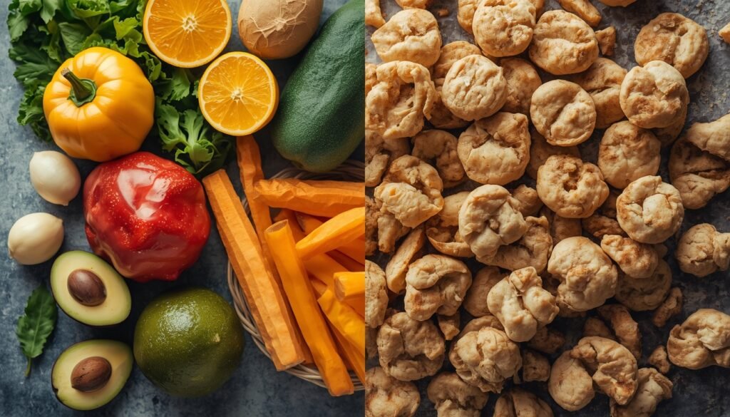 visual comparison of healthy whole foods versus ultra-processed inflammatory foods