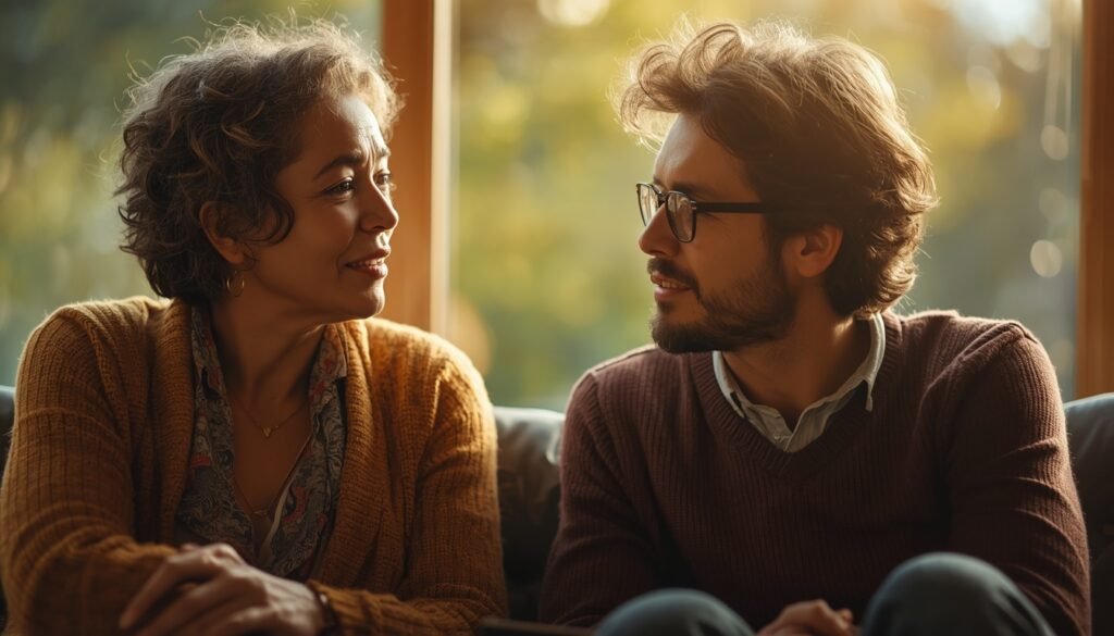 two people in genuine empathic conversation representing emotional fitness in relationships and authentic human connection