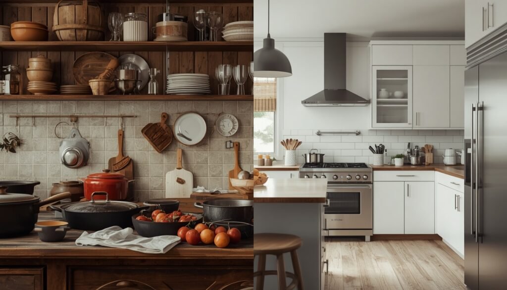 Vintage-to-modern kitchen transition representing beef tallow's historical journey from traditional use to modern comeback: beef tallow comeback science