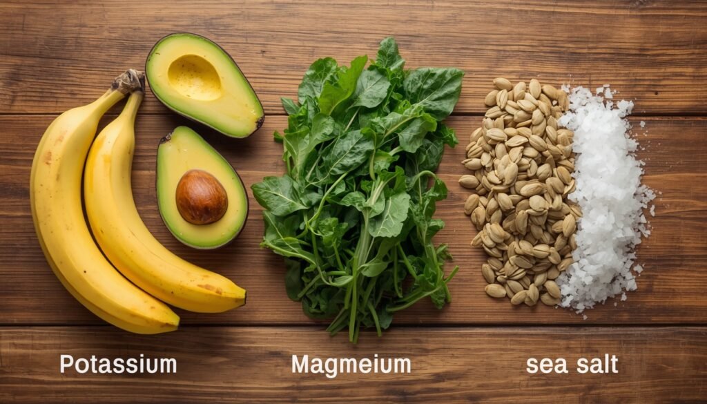 visual layout of natural food sources of sodium, potassium, magnesium and calcium organized by electrolyte, electrolytes, energy, cramps, hydration
category