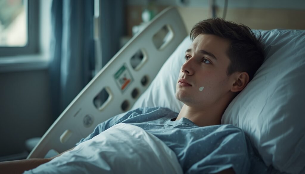 young adult recovering in hospital bed after heart attack, representing cardiac event recovery in young people