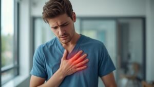 young man clutching chest showing early signs of cardiac event, representing heart attack warning signs in young adults
