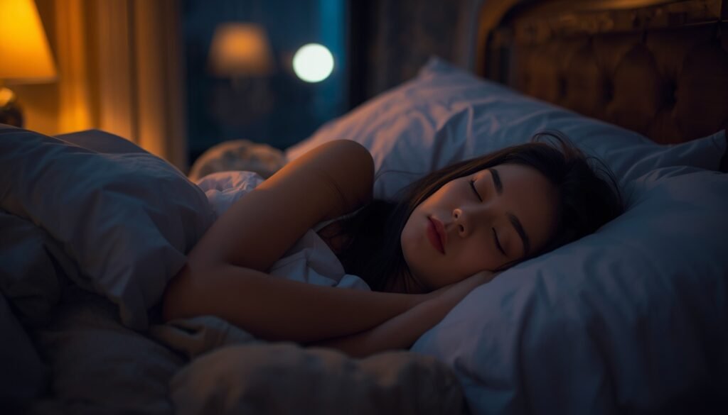 woman lying awake in softly lit bedroom with gentle moonlight, representing stress-related sleep disruption