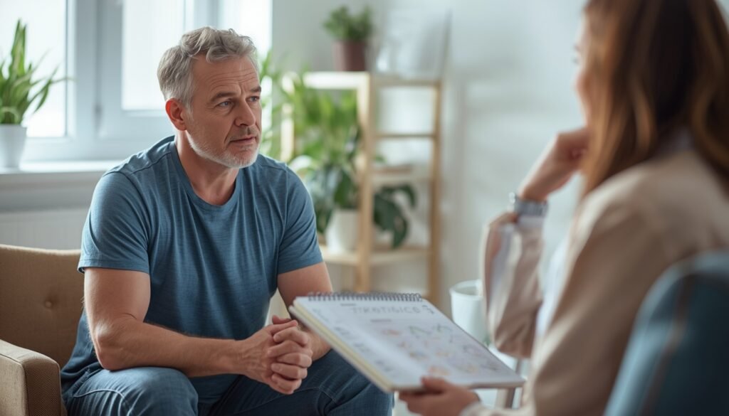 man in his 40s with dietitian looking at intermittent fasting progress notebook case study