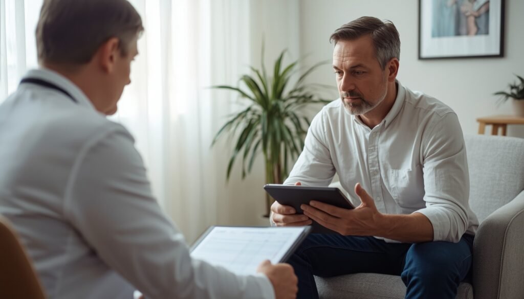 man in his late 30s with practitioner looking at sleep and stress tracking notebook cortisol case study