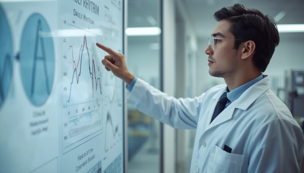 medical researcher pointing at HPA axis and cortisol daily rhythm chart ina laboratory.y