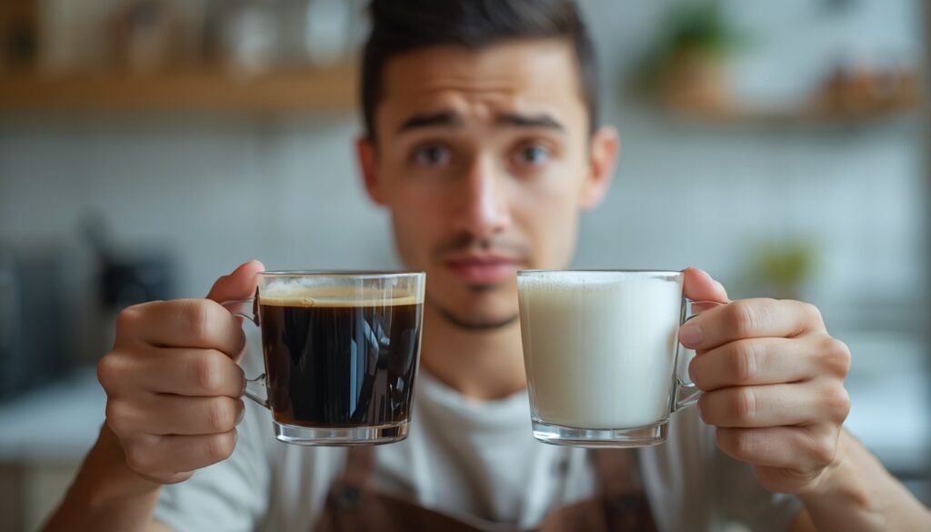 person holding black coffee and coffee with milk comparing what breaks a fast intermittent fasting