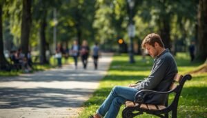 person sitting alone on bench in park surrounded by people; loneliness epidemic; social disconnection
