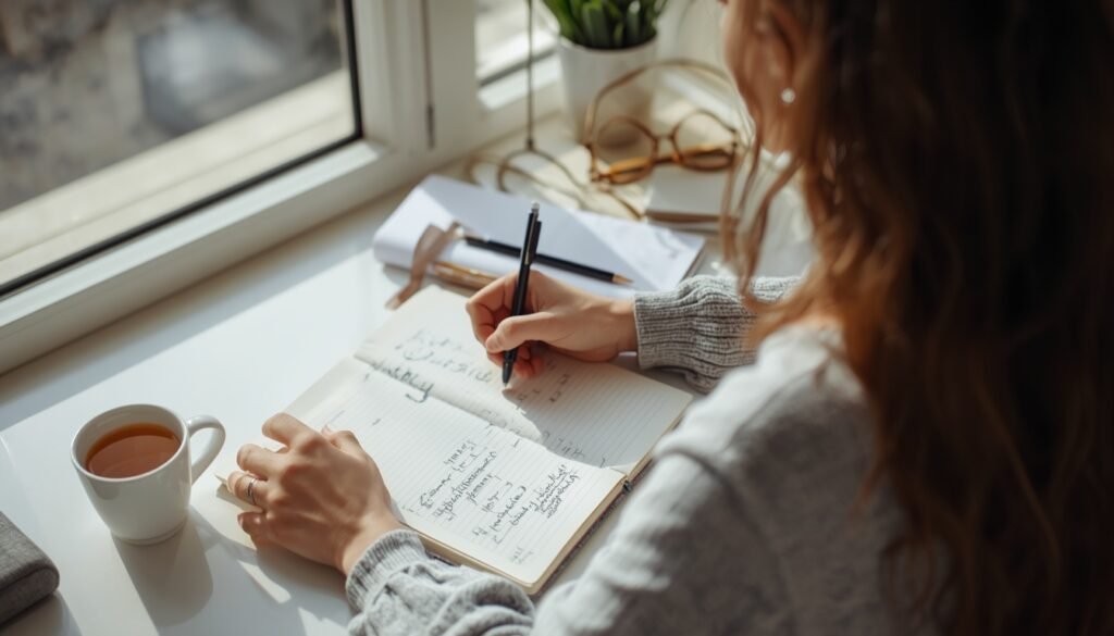 person writing 30-day cortisol reset plan in journal at bright desk with tea morning sunlight