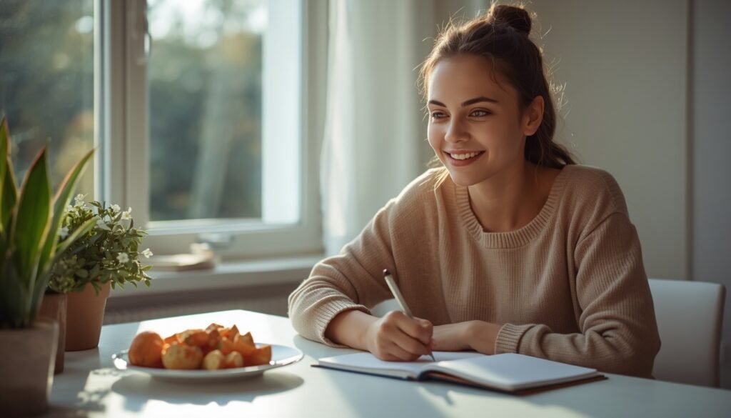 person writing 30-day intermittent fasting plan in journal at bright desk with healthy breakfast intermittent fasting for beginners