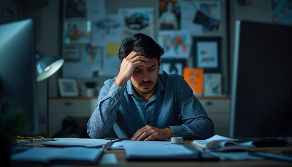 person at desk with many papers and screens, tired, overwhelmed expression chronic stress and cortisol elevation