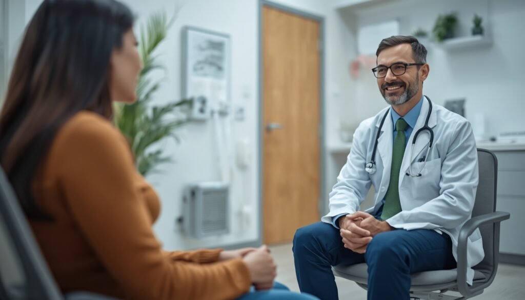 person talking to doctor inclinic,c concerned but hopefulexpression,n cortisolwarnings,s medicalassessment, cortisoll stress hormone