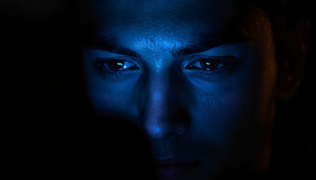  smartphone screen light reflecting in eyes digital overstimulation effect on brain dopamine trap scrolling
