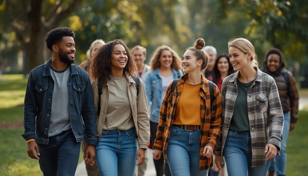 diverse group of people walking together in city park community health