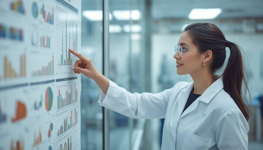 A female scientist pointing at dietary fat and heart disease research chart in laboratory