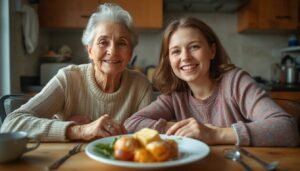 grandmother and granddaughter sitting at kitchen table with traditional home-cooked food eggs and butter