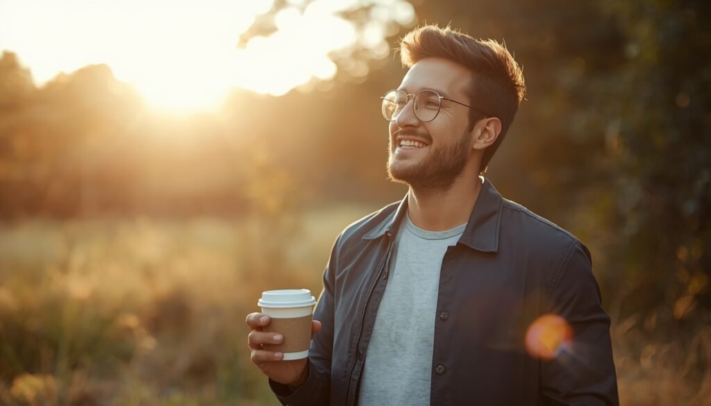 man drinking morning coffee outdoors in sunlight morning light exposure habit for brain health